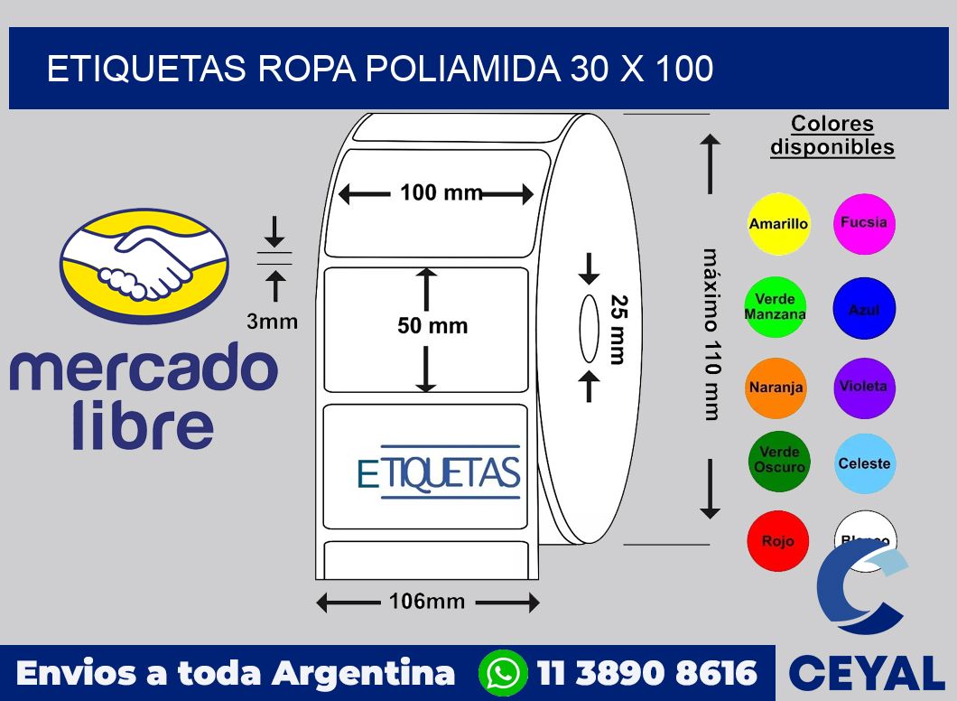 Etiquetas ropa poliamida 30 x 100