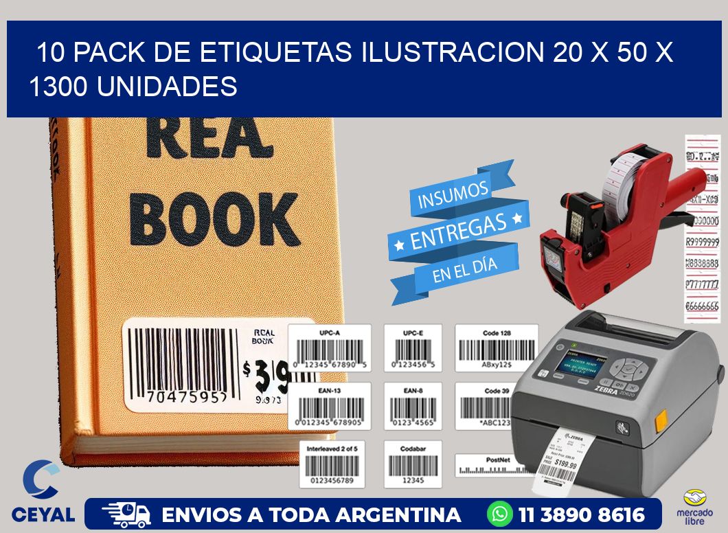 10 PACK DE ETIQUETAS ILUSTRACION 20 x 50 X 1300 UNIDADES