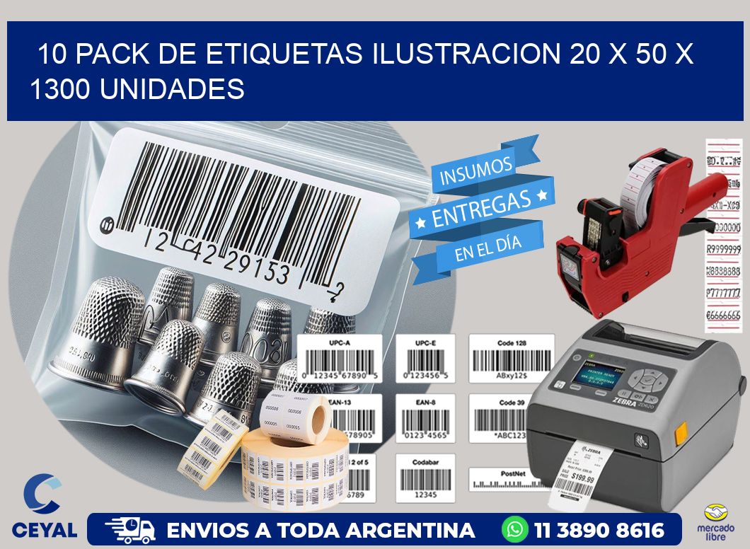 10 PACK DE ETIQUETAS ILUSTRACION 20 x 50 X 1300 UNIDADES