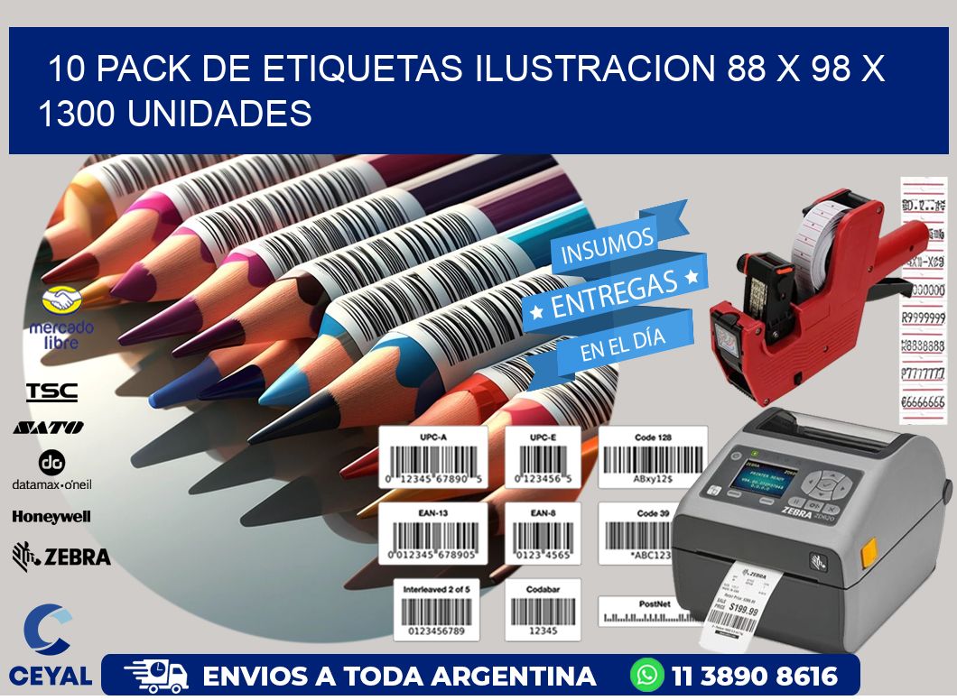 10 PACK DE ETIQUETAS ILUSTRACION 88 x 98 X 1300 UNIDADES