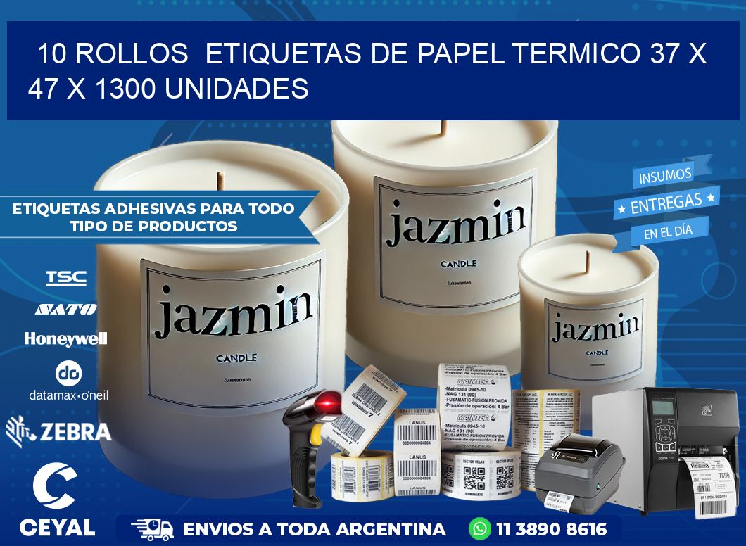 10 ROLLOS  ETIQUETAS DE PAPEL TERMICO 37 x 47 X 1300 UNIDADES