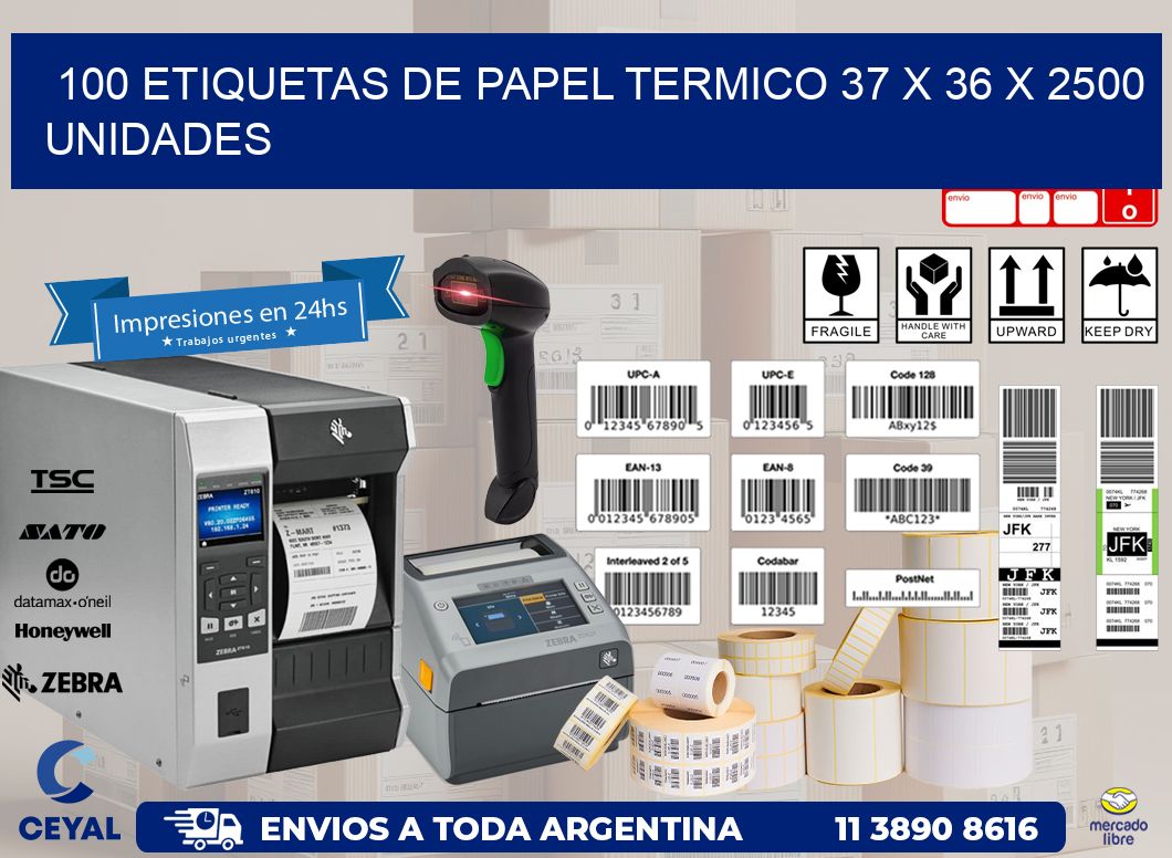 100 ETIQUETAS DE PAPEL TERMICO 37 x 36 X 2500 UNIDADES