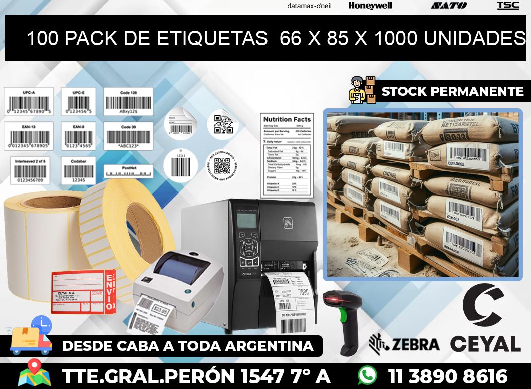 100 PACK DE ETIQUETAS  66 x 85 X 1000 UNIDADES