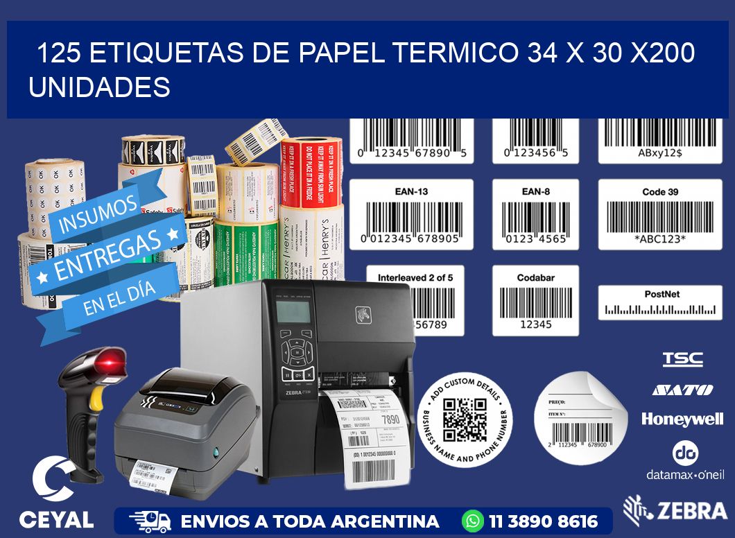 125 ETIQUETAS DE PAPEL TERMICO 34 x 30 x200 UNIDADES