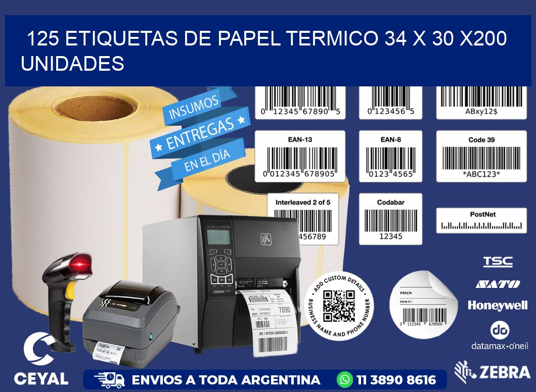 125 ETIQUETAS DE PAPEL TERMICO 34 x 30 x200 UNIDADES