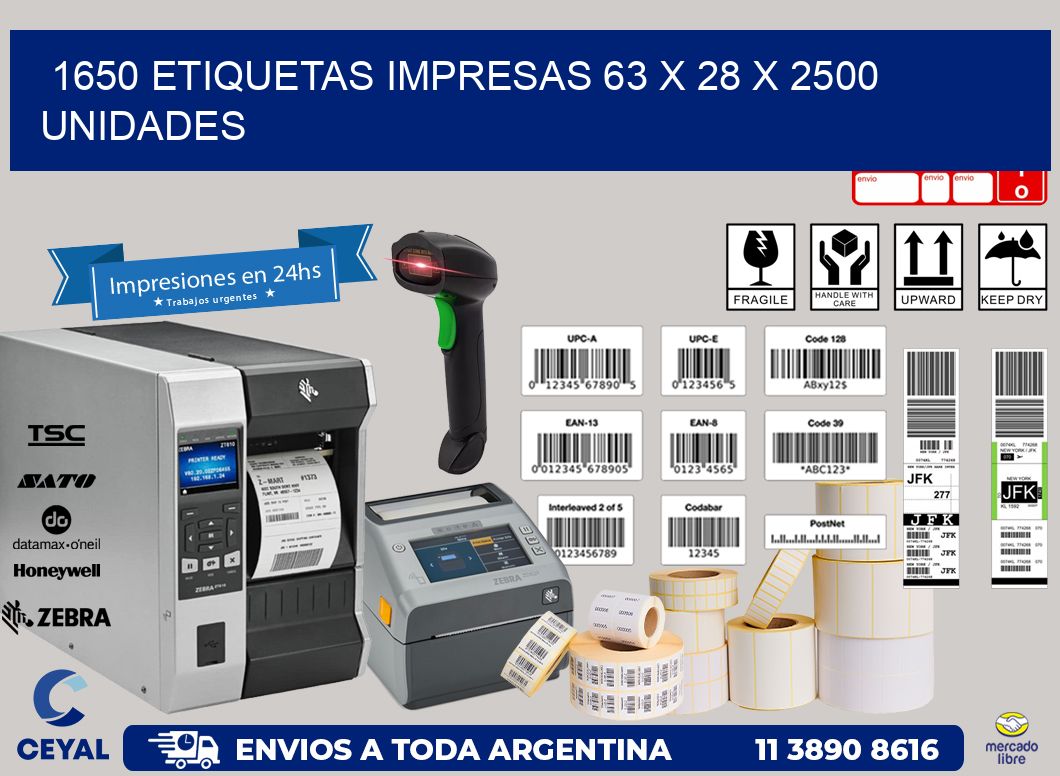 1650 ETIQUETAS IMPRESAS 63 x 28 X 2500 UNIDADES