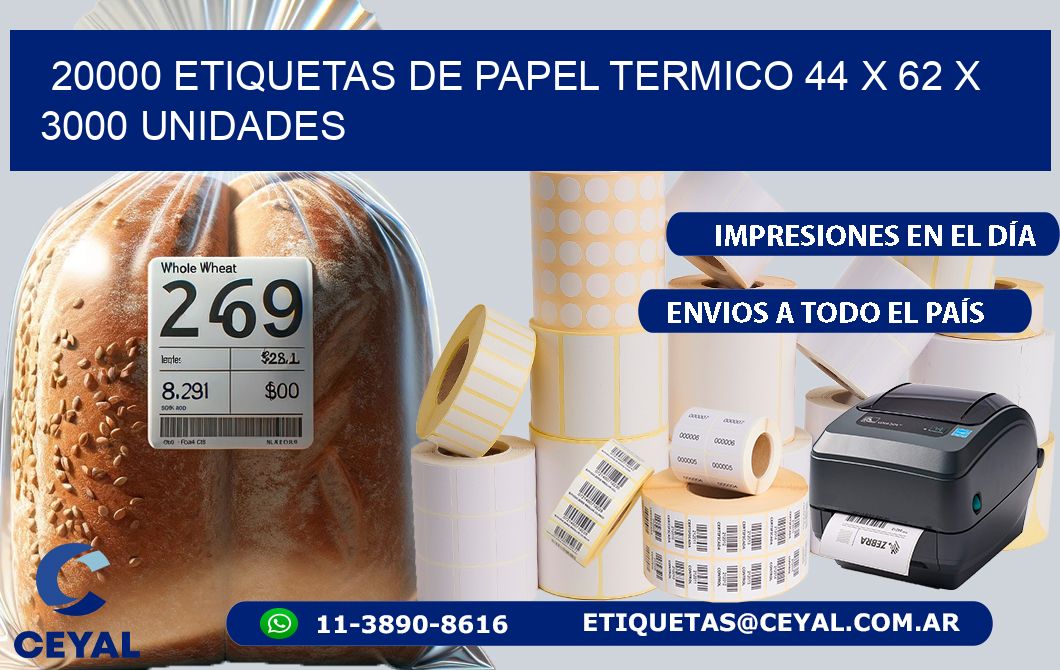 20000 ETIQUETAS DE PAPEL TERMICO 44 x 62 X 3000 UNIDADES