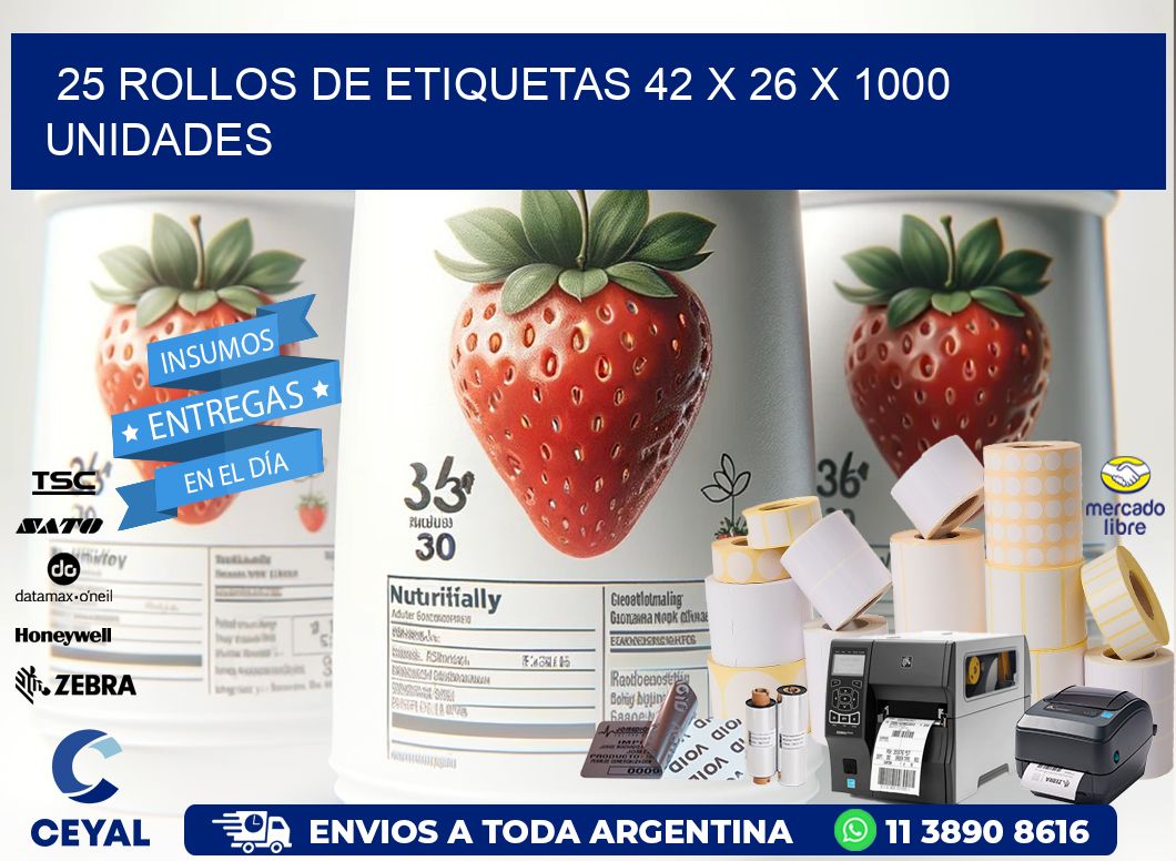 25 ROLLOS DE ETIQUETAS 42 x 26 X 1000 UNIDADES