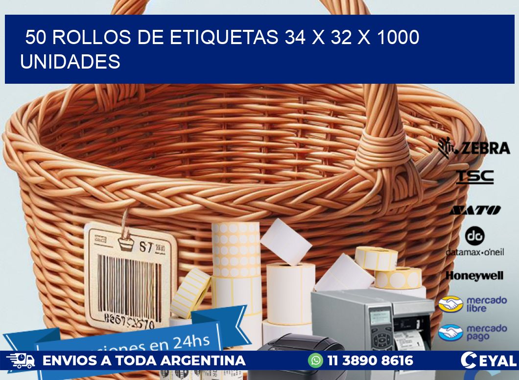 50 ROLLOS DE ETIQUETAS 34 x 32 X 1000 UNIDADES