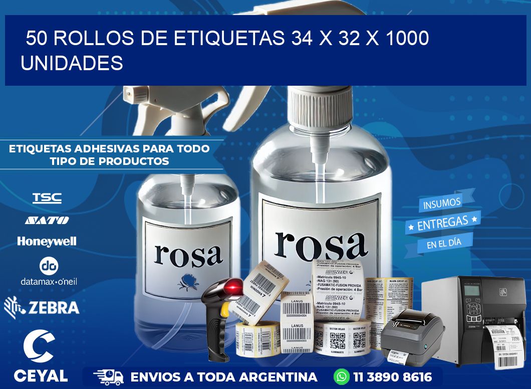 50 ROLLOS DE ETIQUETAS 34 x 32 X 1000 UNIDADES