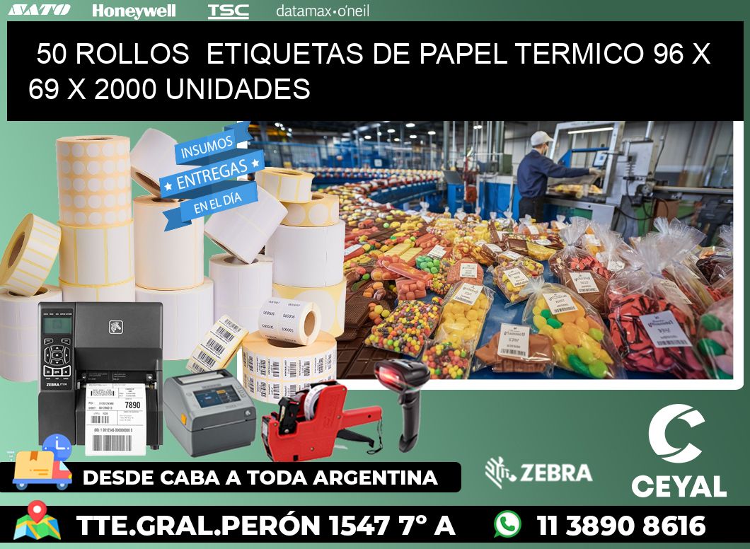 50 ROLLOS  ETIQUETAS DE PAPEL TERMICO 96 x 69 X 2000 UNIDADES