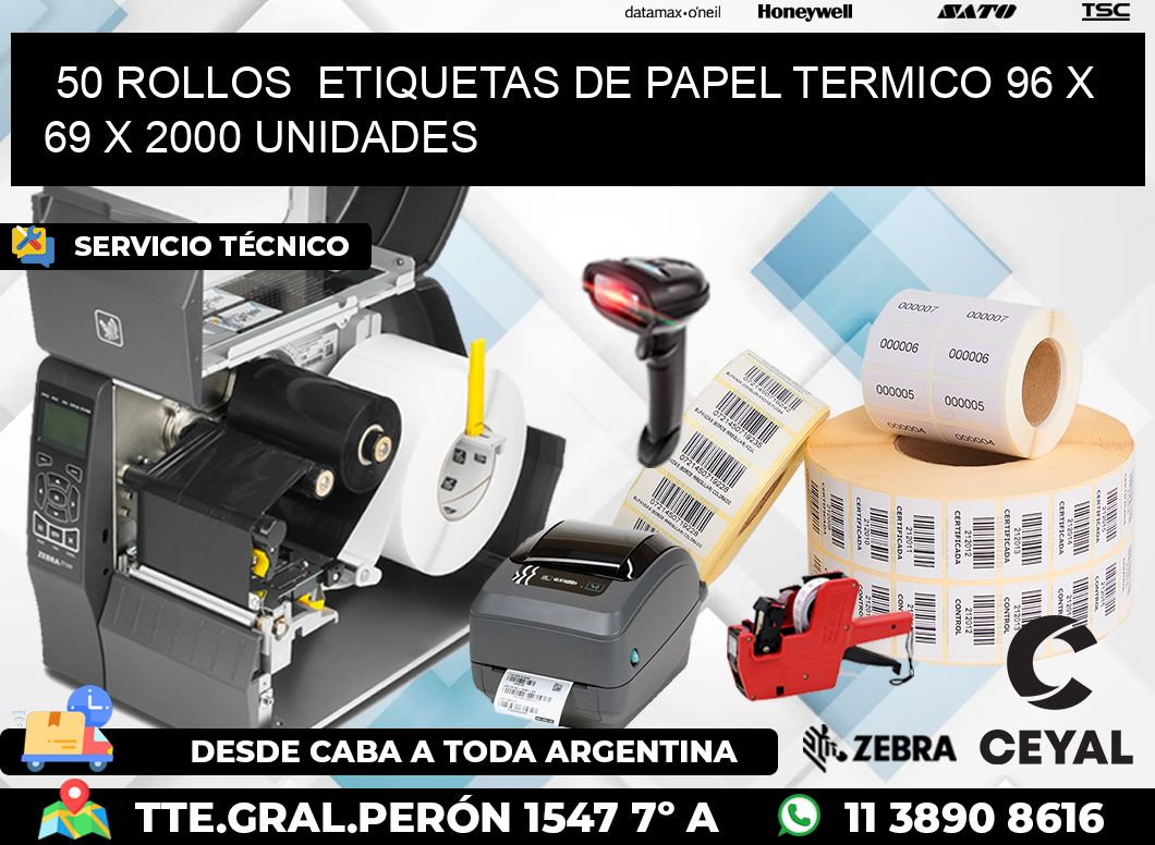 50 ROLLOS  ETIQUETAS DE PAPEL TERMICO 96 x 69 X 2000 UNIDADES