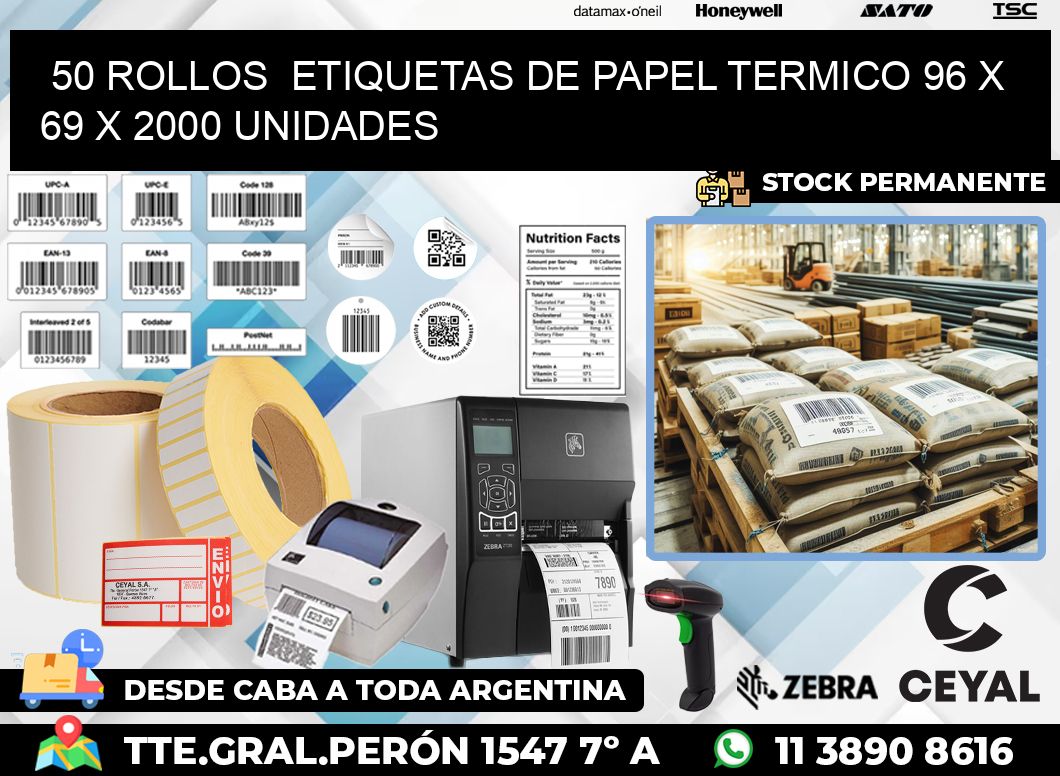 50 ROLLOS  ETIQUETAS DE PAPEL TERMICO 96 x 69 X 2000 UNIDADES