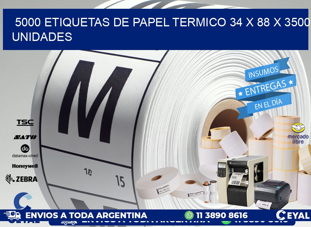 5000 ETIQUETAS DE PAPEL TERMICO 34 x 88 X 3500 UNIDADES