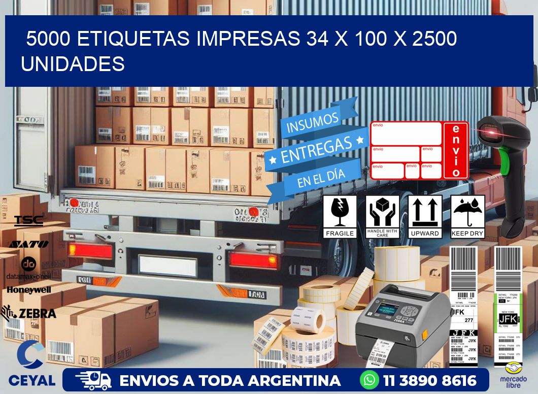 5000 ETIQUETAS IMPRESAS 34 x 100 X 2500 UNIDADES