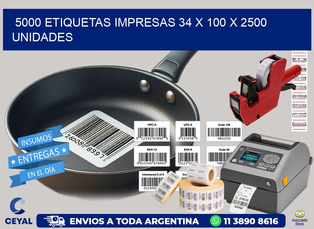 5000 ETIQUETAS IMPRESAS 34 x 100 X 2500 UNIDADES