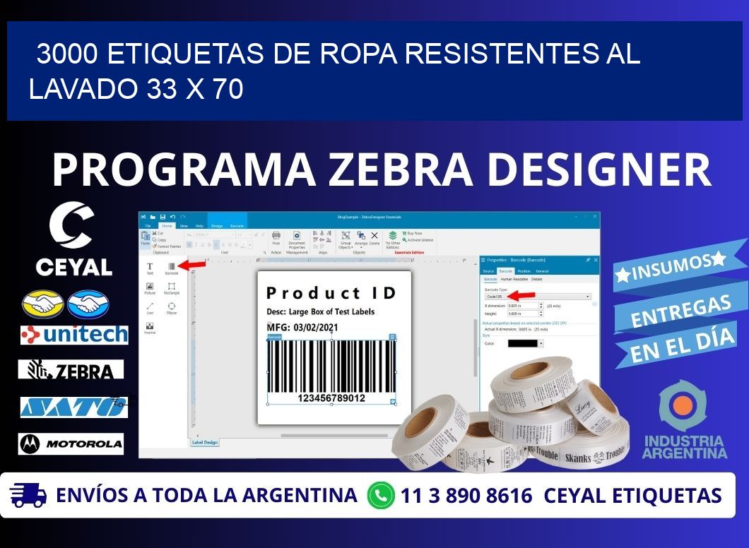 3000 ETIQUETAS DE ROPA RESISTENTES AL LAVADO 33 x 70