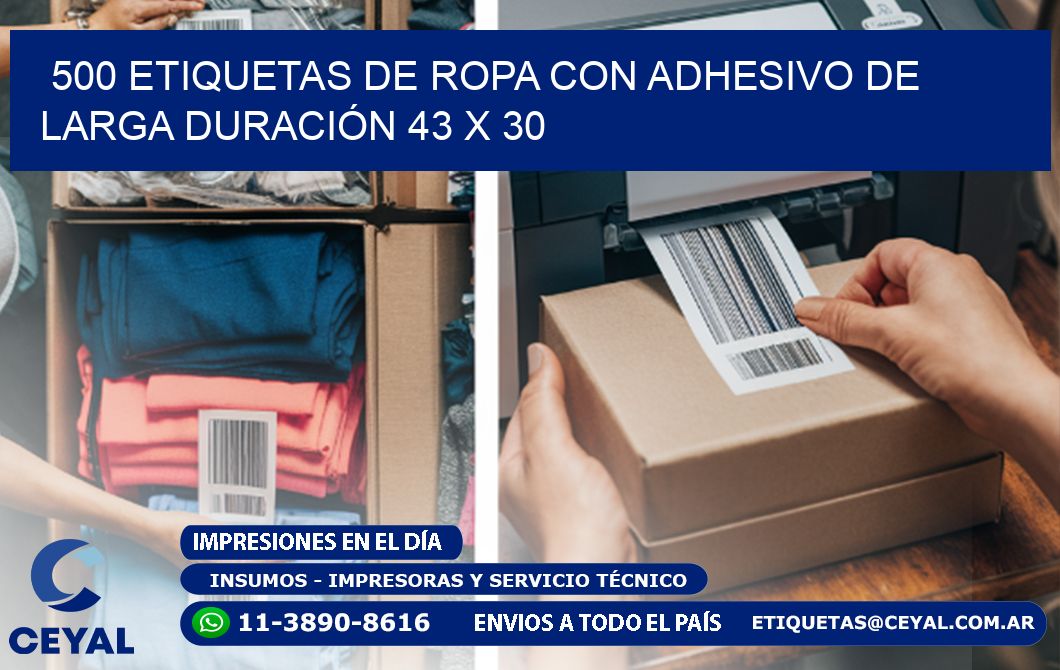 500 ETIQUETAS DE ROPA CON ADHESIVO DE LARGA DURACIÓN 43 x 30