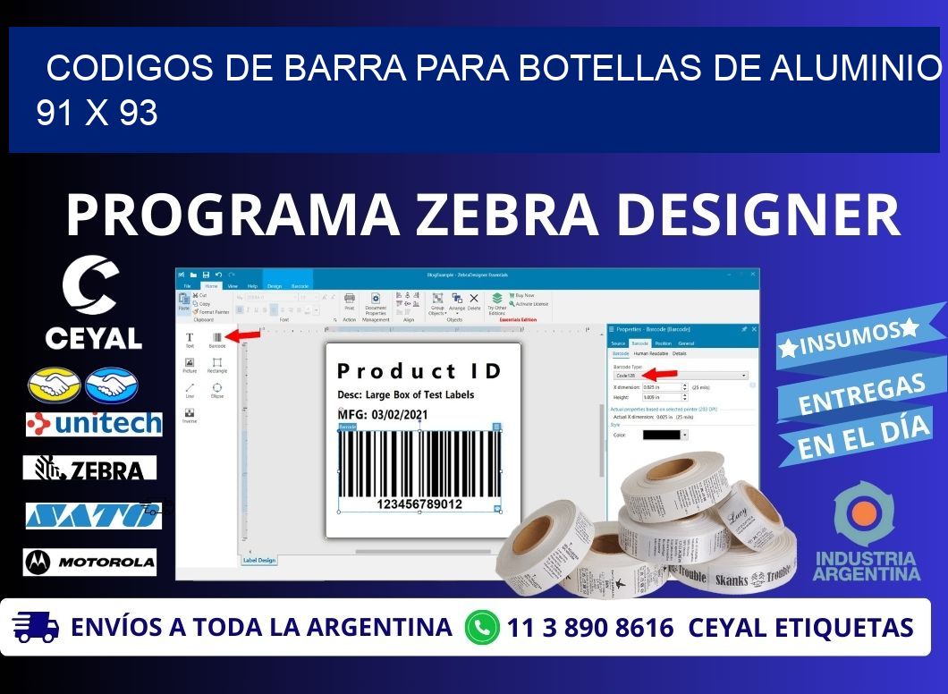 CODIGOS DE BARRA PARA BOTELLAS DE ALUMINIO 91 x 93