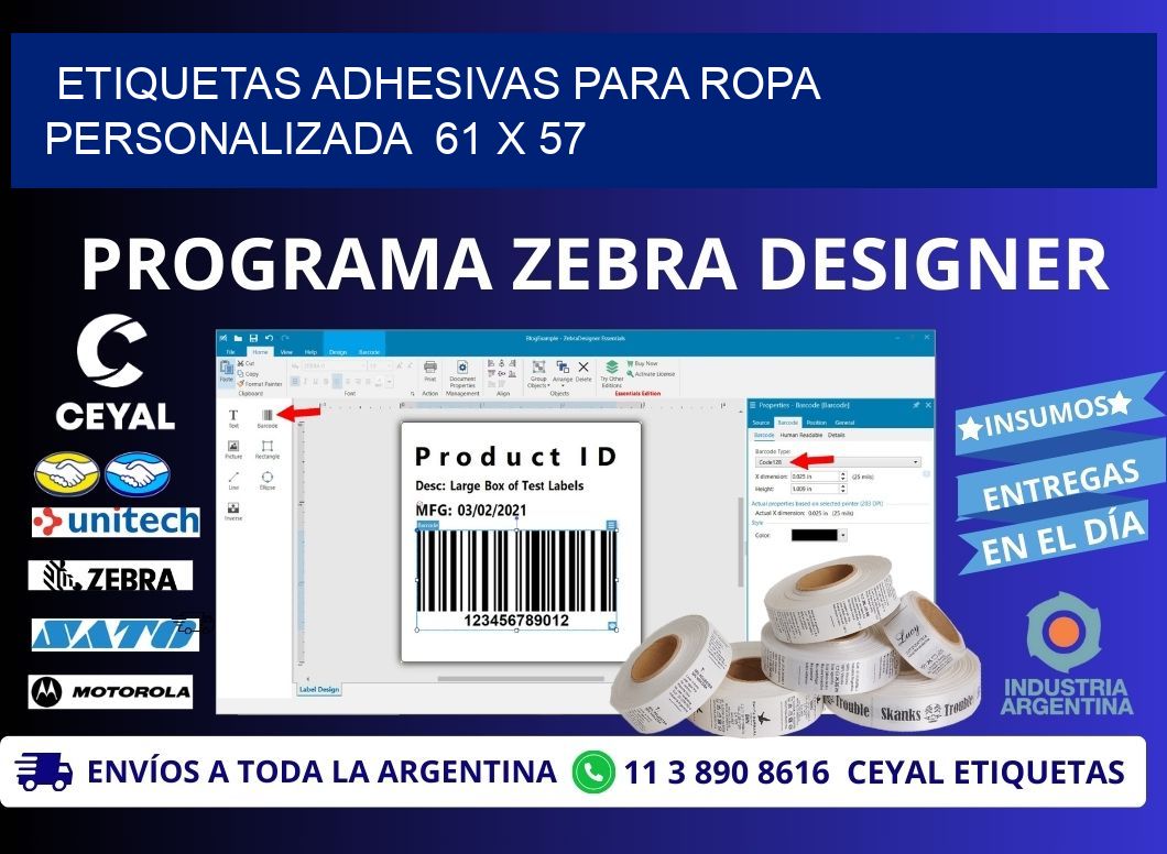 ETIQUETAS ADHESIVAS PARA ROPA PERSONALIZADA  61 x 57