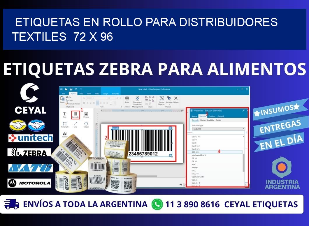 ETIQUETAS EN ROLLO PARA DISTRIBUIDORES TEXTILES  72 x 96