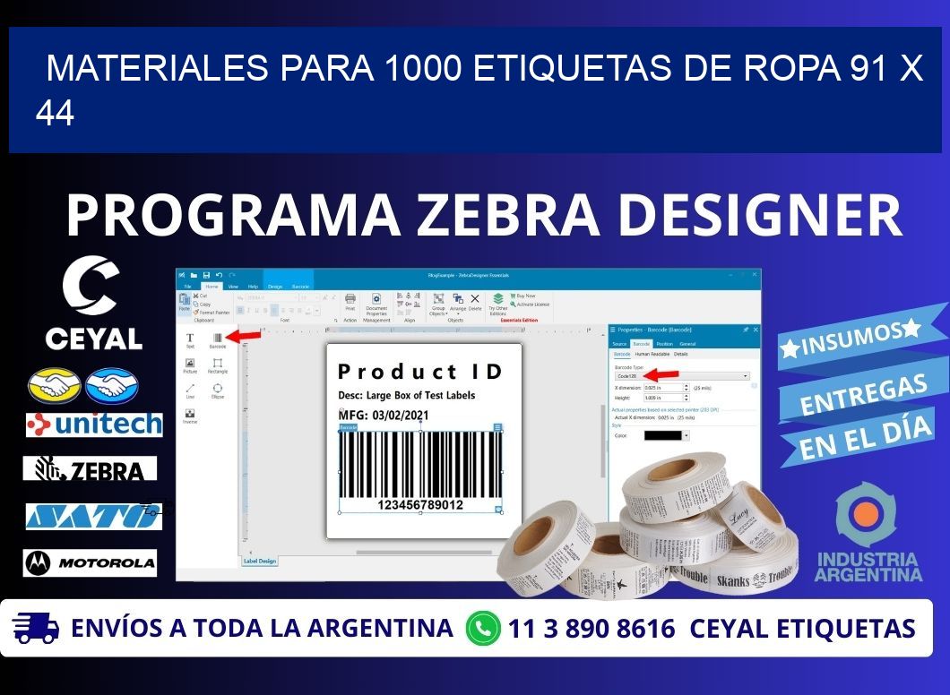 MATERIALES PARA 1000 ETIQUETAS DE ROPA 91 x 44