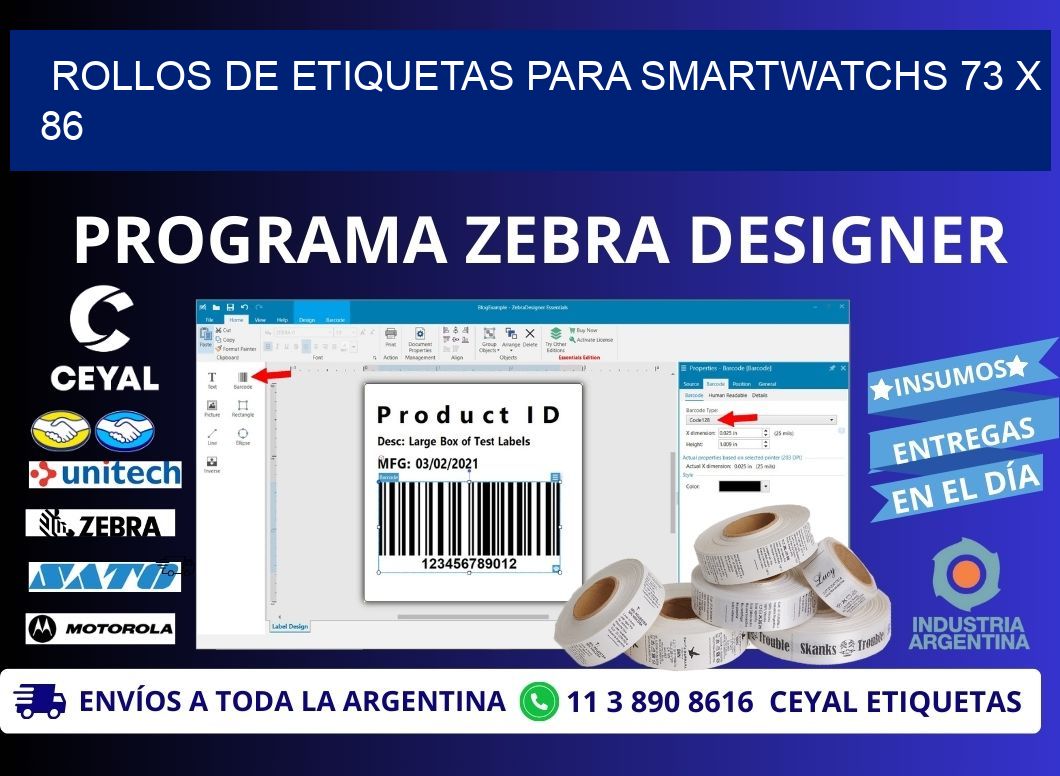 ROLLOS DE ETIQUETAS PARA SMARTWATCHS 73 x 86