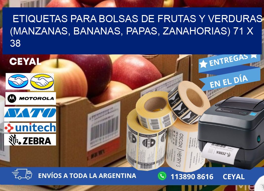 ETIQUETAS PARA BOLSAS DE FRUTAS Y VERDURAS (MANZANAS, BANANAS, PAPAS, ZANAHORIAS) 71 x 38